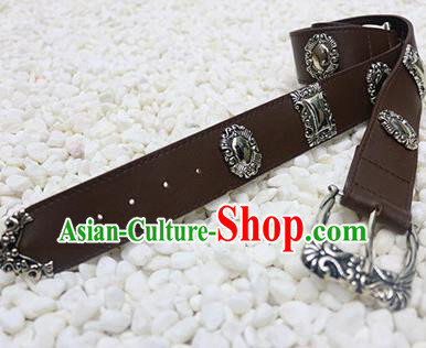 Chinese Cosplay Swordsman Brown Leather Belt Ancient Tang Dynasty Waistband for Men
