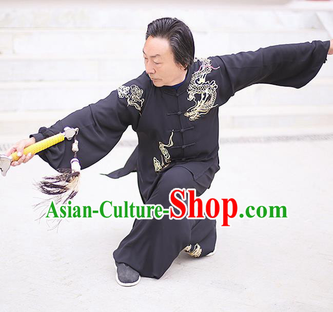 Chinese Traditional Tai Chi Training Embroidered Dragon Black Costumes Martial Arts Performance Outfits for Men