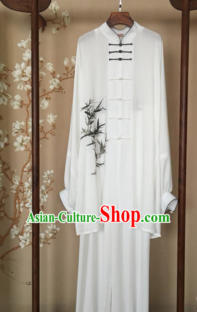 Chinese Traditional Tai Chi Training Printing Bamboo White Costumes Martial Arts Performance Outfits for Men