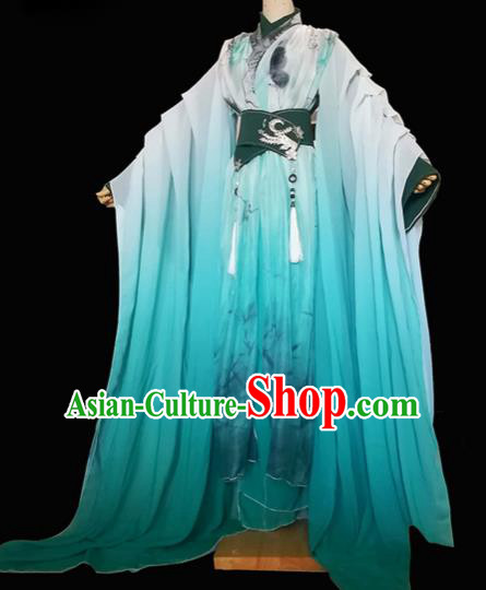 Chinese Traditional Cosplay Swordsman Green Costumes Ancient Crown Prince Clothing for Men