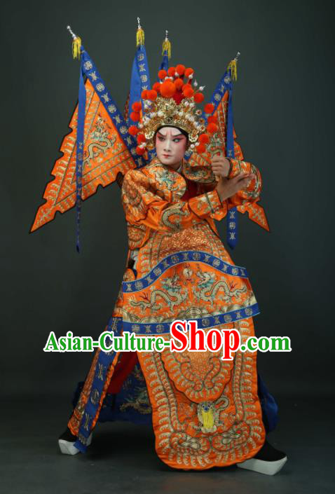 Chinese Traditional Beijing Opera Chu King Orange Costumes Peking Opera Takefu Embroidered Da Kao Clothing for Men