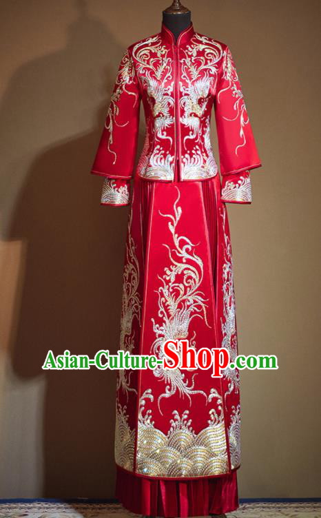 Chinese Traditional Embroidered Drilling Phoenix Red Xiu He Suit Wedding Dress Ancient Bride Costumes for Women