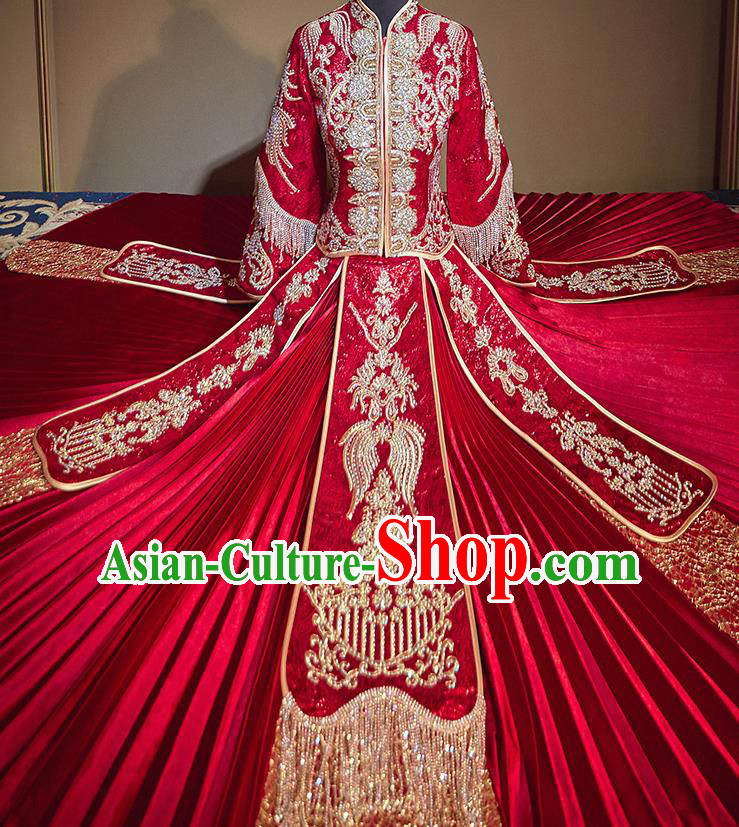 Chinese Traditional Diamante Xiu He Suit Ancient Wedding Embroidered Red Dress Bride Costumes for Women