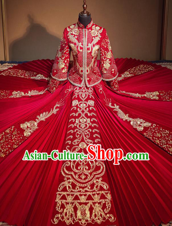 Chinese Traditional Drilling Red Xiu He Suit Embroidered Wedding Dress Ancient Bride Costumes for Women