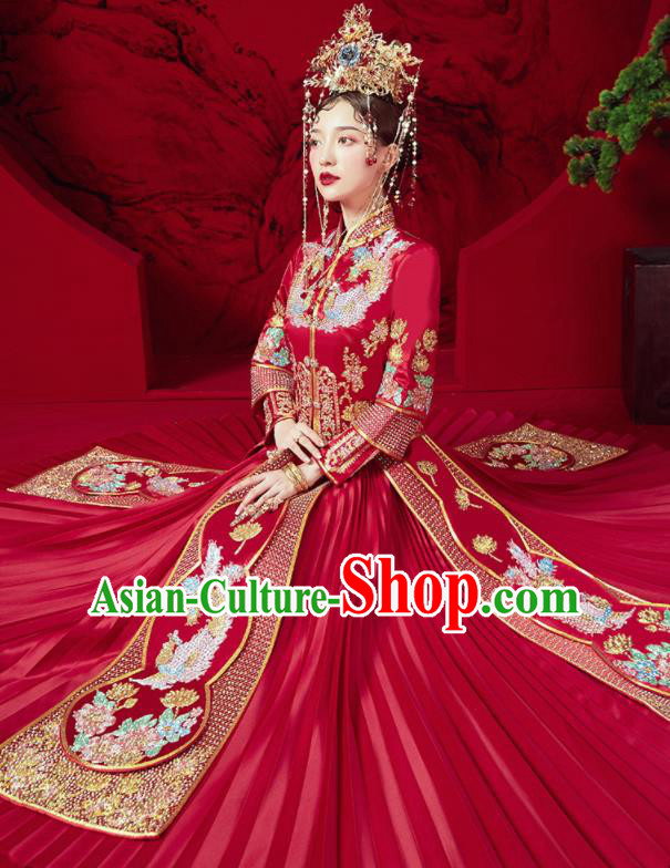 Chinese Traditional Drilling Peony Red Xiu He Suit Embroidered Phoenix Wedding Dress Ancient Bride Costumes for Women