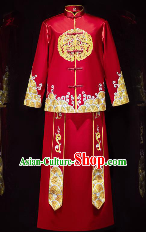Chinese Ancient Bridegroom Embroidered Red Mandarin Jacket and Long Gown Traditional Wedding Tang Suit Costumes for Men