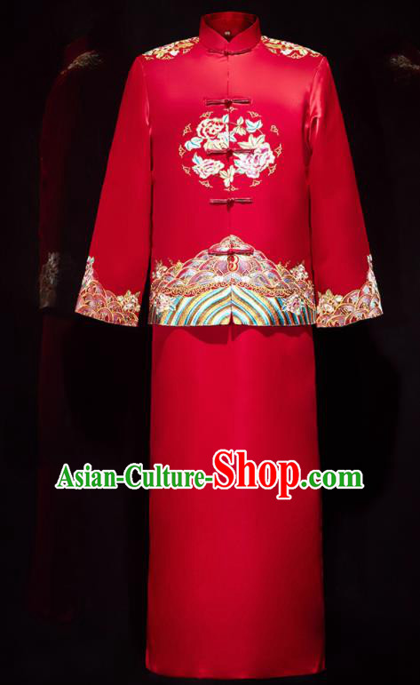 Chinese Ancient Bridegroom Embroidered Peony Red Mandarin Jacket and Long Gown Traditional Wedding Tang Suit Costumes for Men