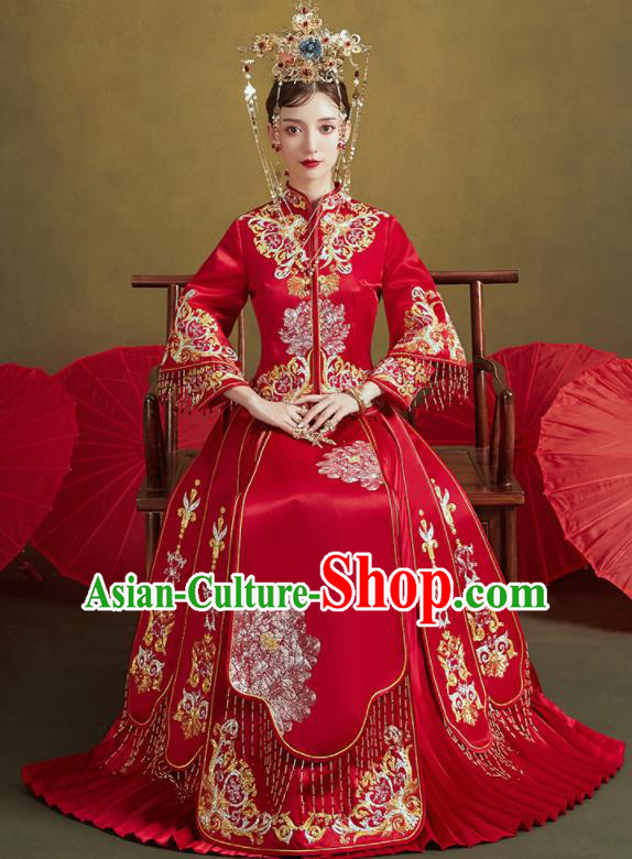 Chinese Traditional Embroidered Wedding Xiu He Suit Red Blouse and Dress Ancient Bride Costumes for Women