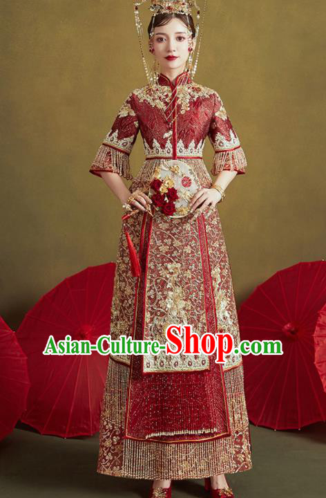 Chinese Traditional Embroidered Wedding Dark Red Xiu He Suit Blouse and Dress Ancient Bride Costumes for Women