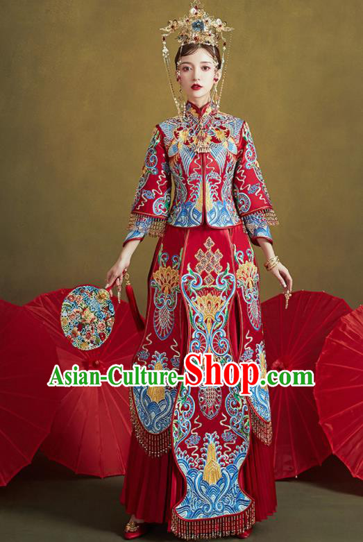 Chinese Traditional Blue Embroidered Wedding Xiu He Suit Blouse and Dress Ancient Bride Costumes for Women