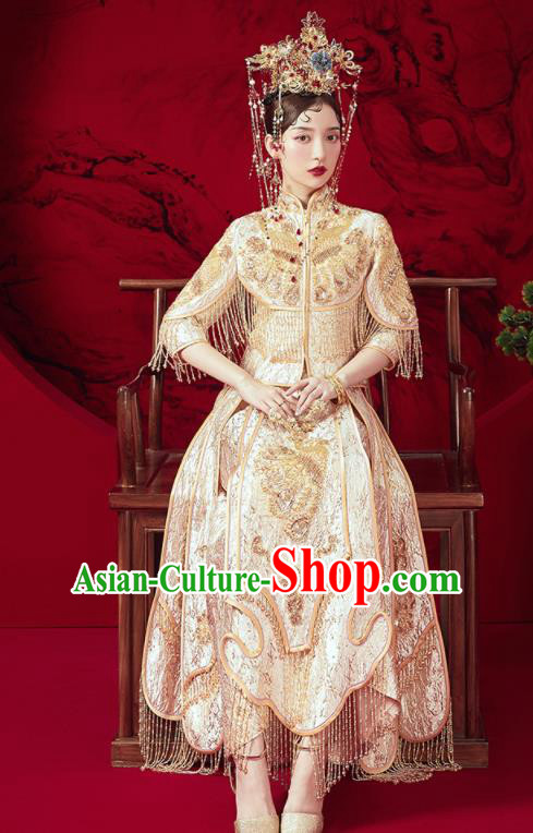 Chinese Traditional Embroidered Golden Tassel Wedding Xiu He Suit Blouse and Dress Ancient Bride Costumes for Women