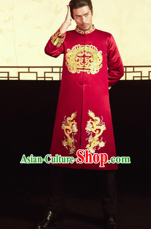 Chinese Ancient Bridegroom Embroidered Dragons Red Mandarin Jacket and Pants Traditional Wedding Tang Suit Costumes for Men