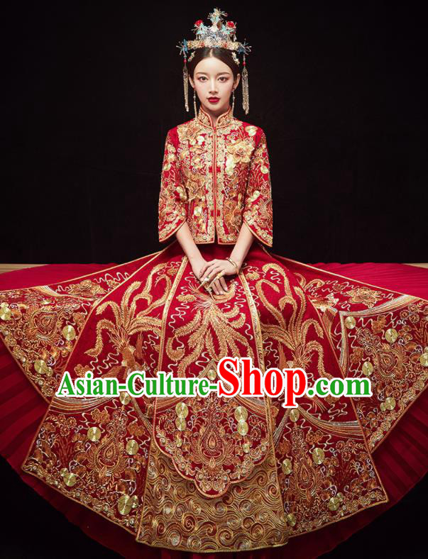 Chinese Traditional Wedding Embroidered Phoenix Slim Blouse and Dress Xiu He Suit Red Bottom Drawer Ancient Bride Costumes for Women