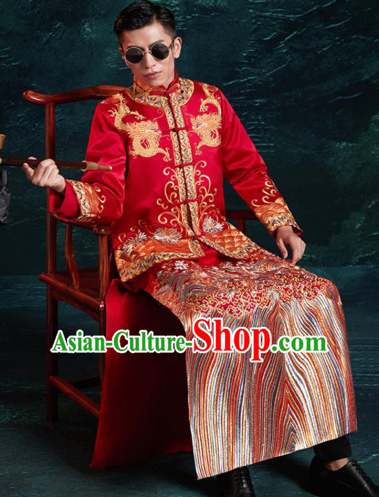 Chinese Ancient Bridegroom Embroidered Dragon Red Mandarin Jacket and Red Gown Traditional Wedding Tang Suit Costumes for Men