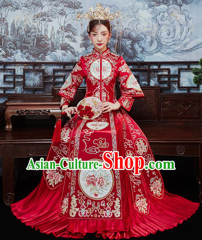 Chinese Traditional Bride Embroidered Drilling Peony Xiu He Suit Wedding Blouse and Dress Bottom Drawer Ancient Costumes for Women