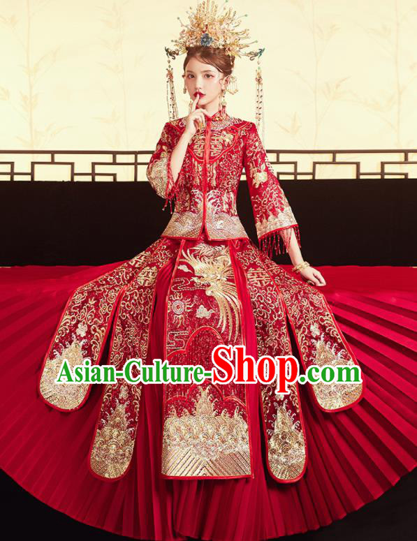 Chinese Traditional Wedding Embroidered Golden Phoenix Blouse and Dress Red Bottom Drawer Xiu He Suit Ancient Bride Costumes for Women