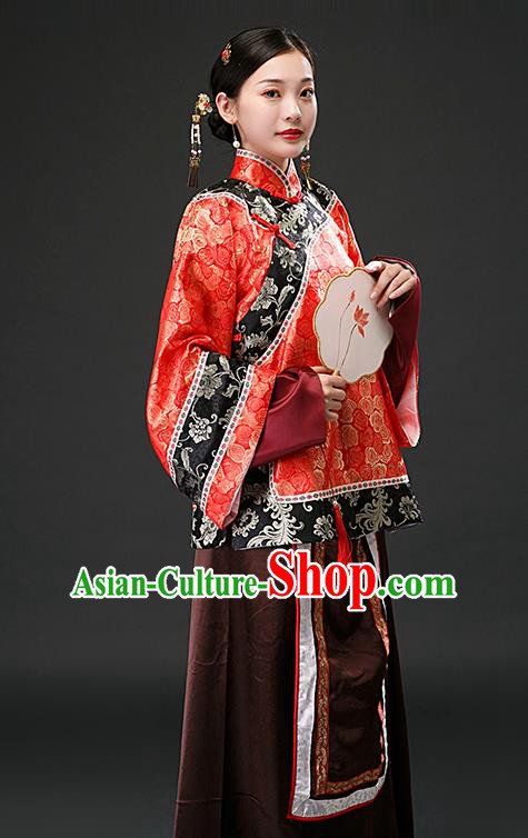 Chinese Ancient Qing Dynasty Rich Concubine Red Blouse and Brown Skirt Traditional Patrician Mistress Costumes for Women
