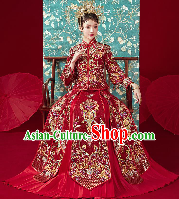 Chinese Traditional Ancient Bride Costumes Embroidered Drilling Wine Red Xiu He Suit Wedding Blouse and Dress Bottom Drawer for Women