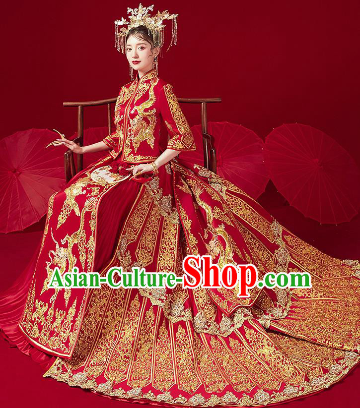 Chinese Traditional Ancient Bride Drilling Embroidered Dragon Costumes Red Xiu He Suit Wedding Blouse and Dress Bottom Drawer for Women