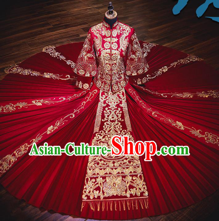 Chinese Ancient Bride Embroidered Red Costumes Diamante Xiu He Suit Wedding Blouse and Dress Traditional Bottom Drawer for Women