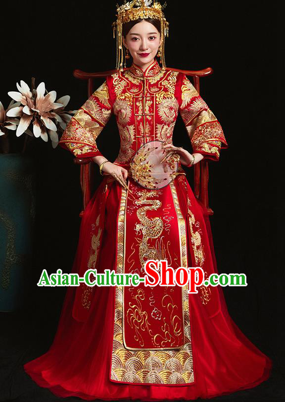 Chinese Ancient Bride Embroidered Dragon Red Xiu He Suit Wedding Costumes Blouse and Dress Traditional Bottom Drawer for Women