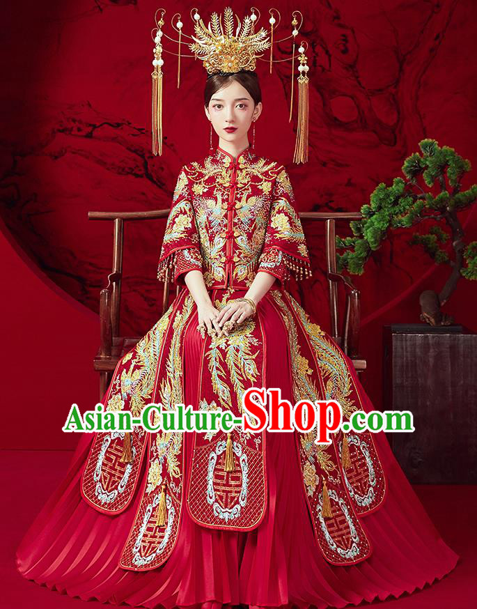 Chinese Ancient Embroidered Drilling Phoenix Blouse and Dress Traditional Bride Red Xiu He Suit Wedding Costumes for Women