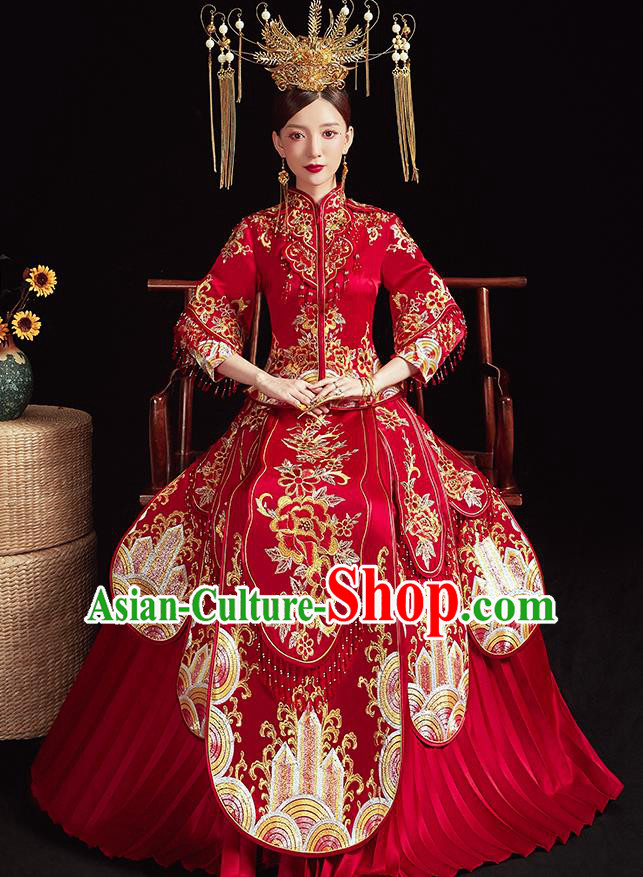 Chinese Ancient Embroidered Peony Flowers Red Blouse and Dress Traditional Bride Xiu He Suit Wedding Costumes for Women