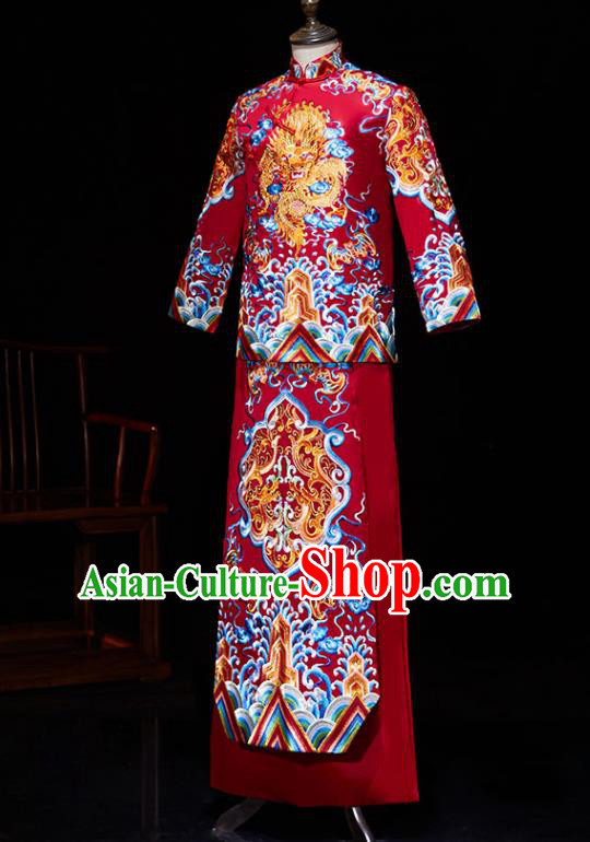 Chinese Ancient Bridegroom Embroidered Wave Dragon Red Mandarin Jacket and Gown Traditional Wedding Tang Suit Costumes for Men