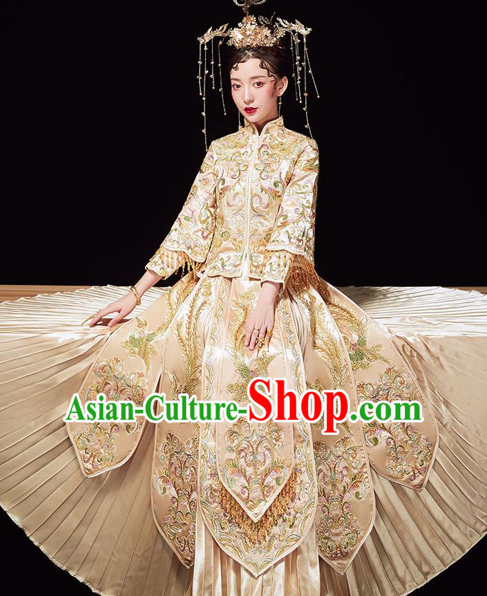 Chinese Ancient Wedding Embroidered Phoenix Golden Blouse and Dress Traditional Bride Xiu He Suit Costumes for Women