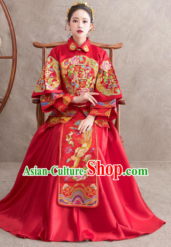 Chinese Ancient Bride Embroidered Phoenix Peony Red Dress Traditional Xiu He Suit Wedding Costumes for Women
