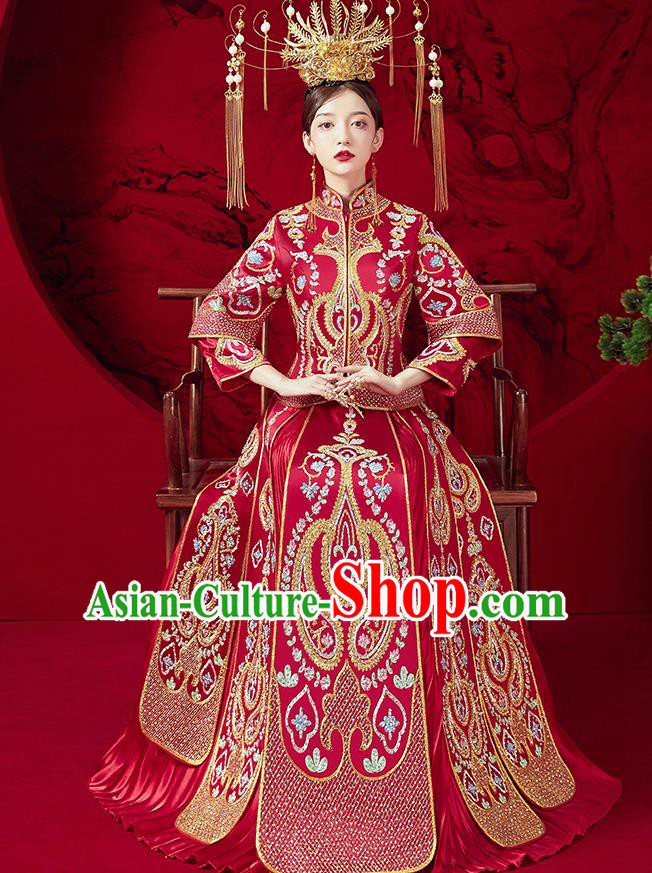 Chinese Ancient Bride Embroidered Red Blouse and Dress Traditional Red Xiu He Suit Wedding Costumes for Women