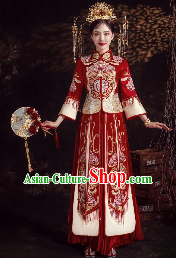 Chinese Ancient Bride Embroidered Diamante Peony Red Xiu He Suit Wedding Costumes Blouse and Dress Traditional Bottom Drawer for Women