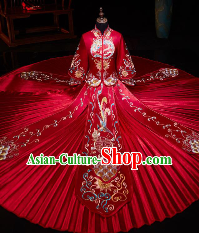 Chinese Ancient Bride Embroidered Phoenix Peony Red Blouse and Dress Traditional Red Xiu He Suit Wedding Costumes for Women