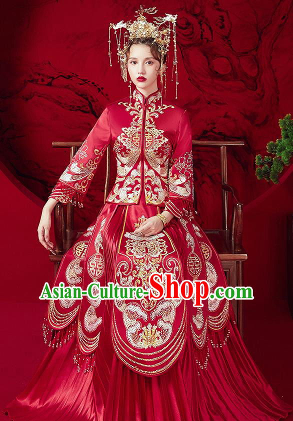 Chinese Ancient Embroidered Red Blouse and Dress Traditional Bride Red Xiu He Suit Wedding Costumes for Women