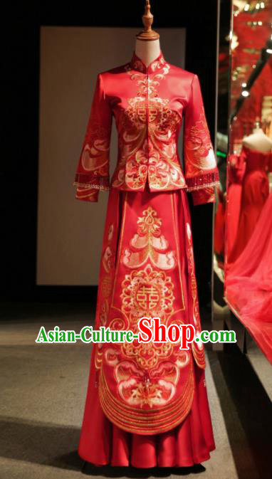 Chinese Ancient Embroidered Wedding Red Blouse and Dress Traditional Bride Xiu He Suit Costumes for Women