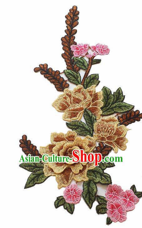 Chinese Traditional Embroidery Brown Peony Applique Embroidered Patches Embroidering Cloth Accessories