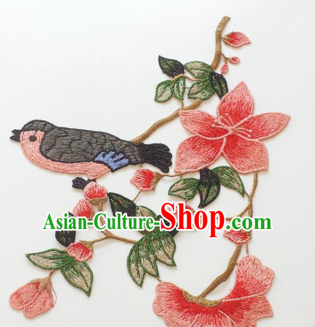 Chinese Traditional Embroidery Mangnolia Bird Pink Applique Embroidered Patches Embroidering Cloth Accessories