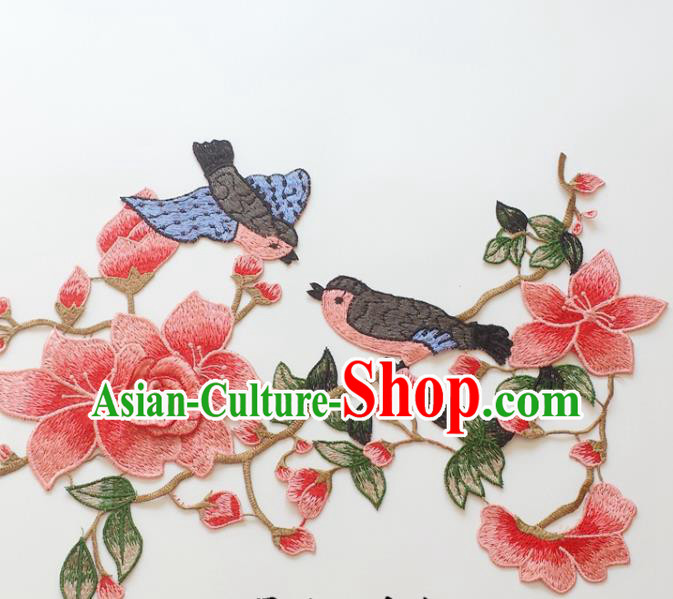 Chinese Traditional Embroidery Birds Pink Mangnolia Applique Embroidered Patches Embroidering Cloth Accessories