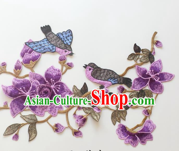 Chinese Traditional Embroidery Birds Purple Mangnolia Applique Embroidered Patches Embroidering Cloth Accessories