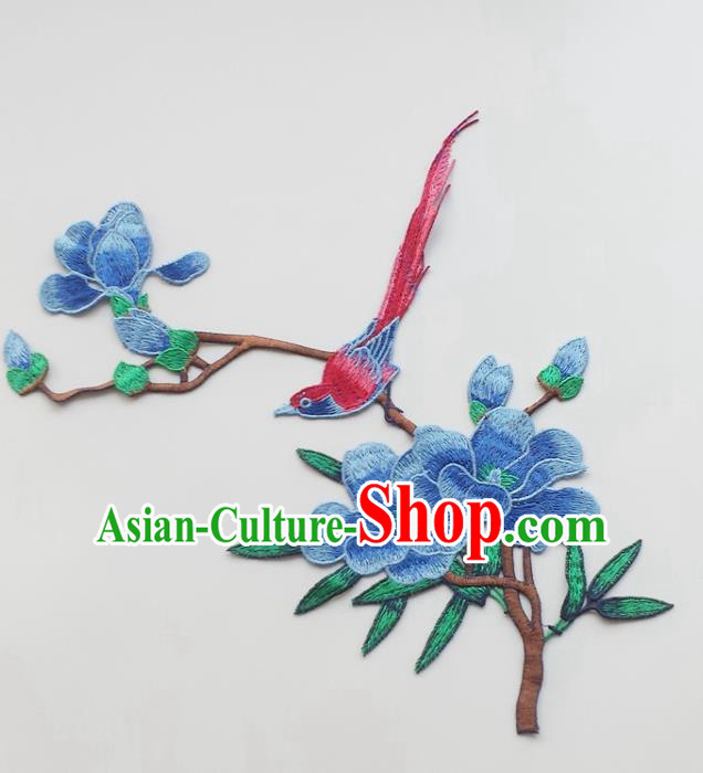 Chinese Traditional Embroidery Blue Yulan Magnolia Bird Applique Embroidered Patches Embroidering Cloth Accessories