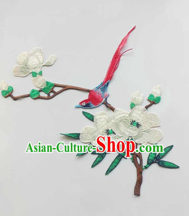Chinese Traditional Embroidery White Yulan Magnolia Bird Applique Embroidered Patches Embroidering Cloth Accessories