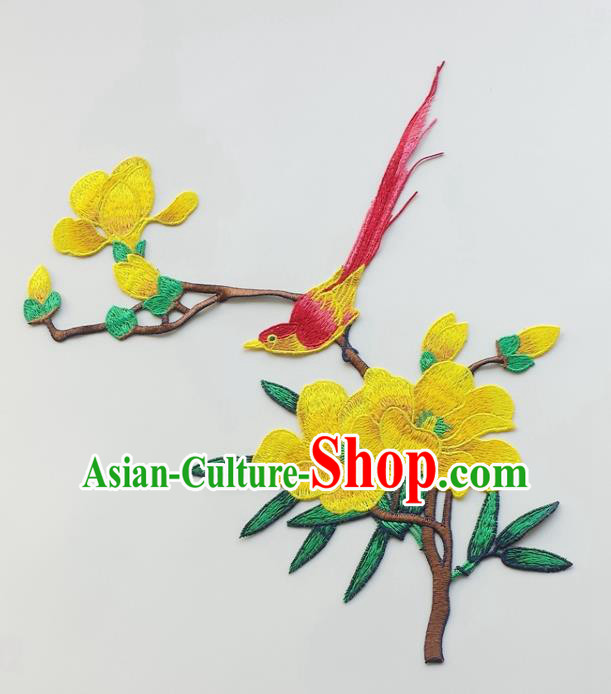 Chinese Traditional Embroidery Yellow Yulan Magnolia Bird Applique Embroidered Patches Embroidering Cloth Accessories
