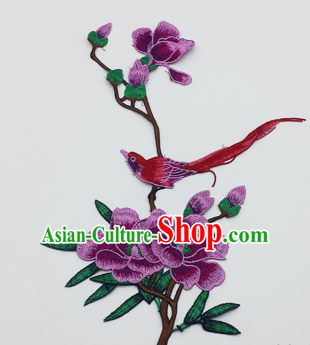 Chinese Traditional Embroidery Purple Yulan Magnolia Bird Applique Embroidered Patches Embroidering Cloth Accessories