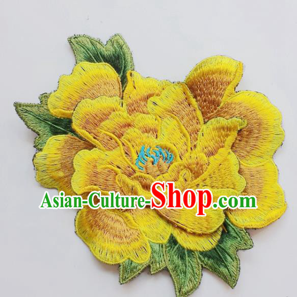 Chinese Traditional Embroidery Yellow Peony Flowers Applique Embroidered Patches Embroidering Cloth Accessories