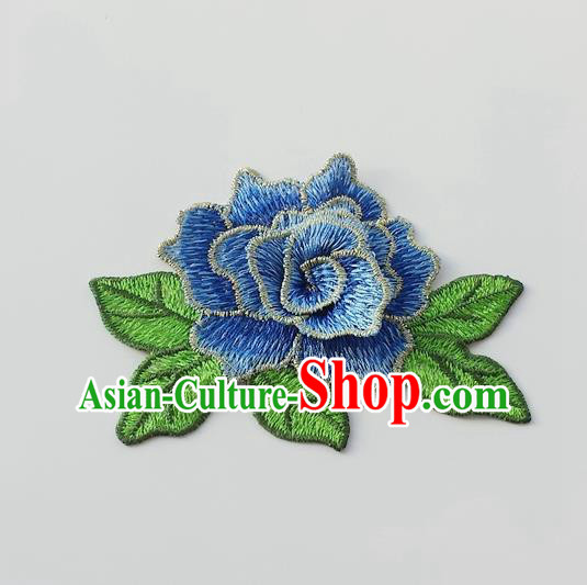 Chinese Traditional Blue Embroidery Peony Applique Embroidered Patches Embroidering Cloth Accessories