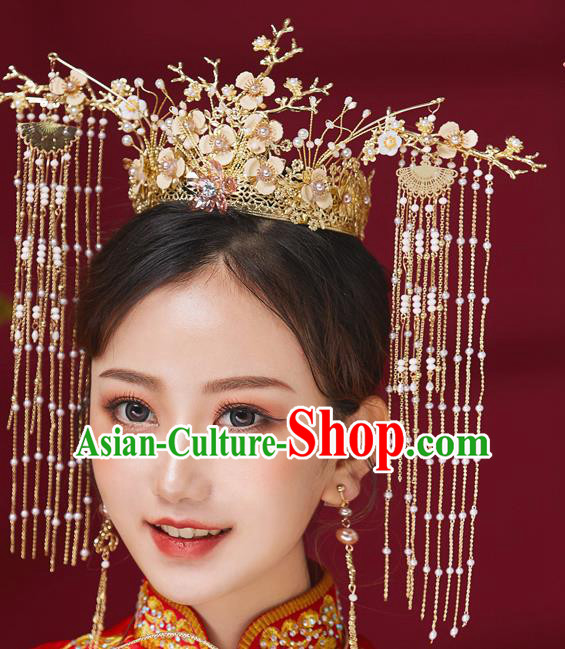 Chinese Ancient Bride Silk Flowers Phoenix Coronet Hairpins Traditional Wedding Xiu He Hair Accessories Complete Set for Women