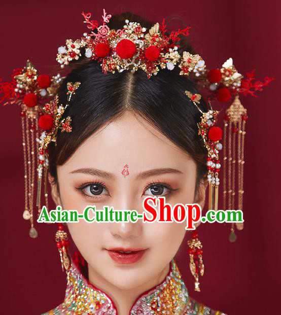 Chinese Ancient Bride Red Venonat Phoenix Coronet Hairpins Traditional Wedding Xiu He Hair Accessories Complete Set for Women