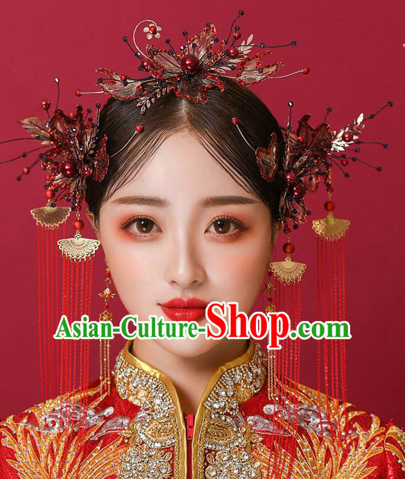 Chinese Ancient Bride Hair Comb Tassel Hairpins Traditional Wedding Xiu He Hair Accessories Complete Set for Women