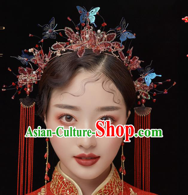 Chinese Ancient Bride Hair Crown Tassel Hairpins Traditional Wedding Xiu He Hair Accessories Complete Set for Women