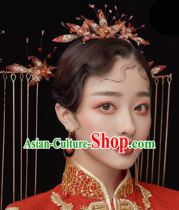 Chinese Ancient Bride Red Crystal Hair Comb Tassel Hairpins Traditional Wedding Xiu He Hair Accessories Complete Set for Women